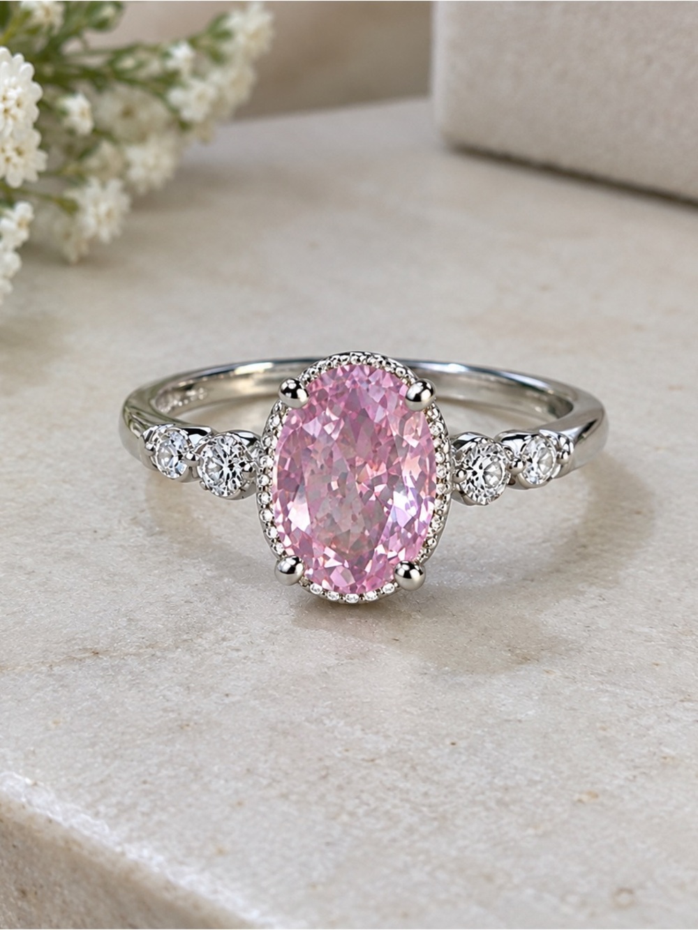 925 silver ring with an oval pink stone